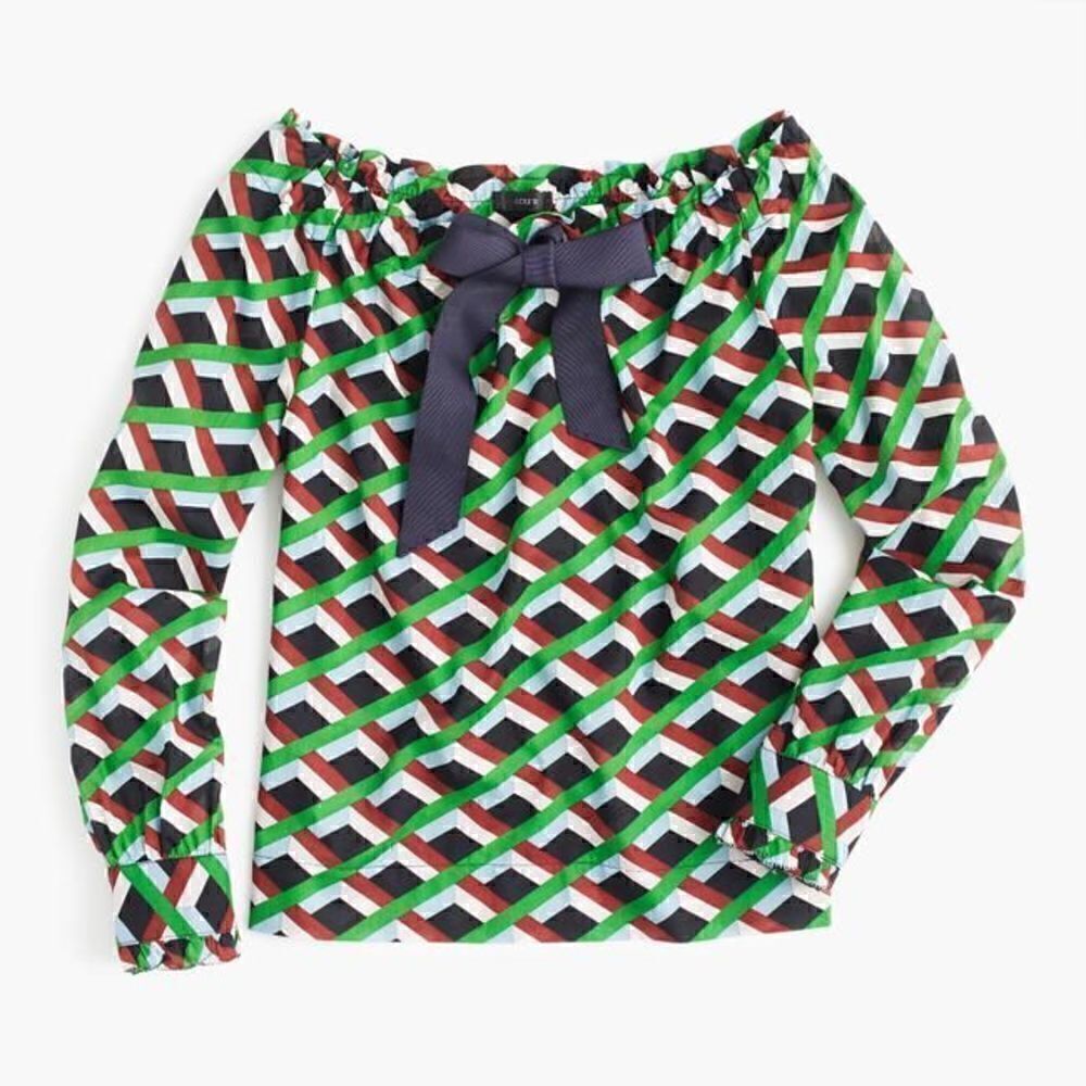 J.Crew Off The Shoulder In Ratti Graphic Diamond Blouse Green Brown Size S
